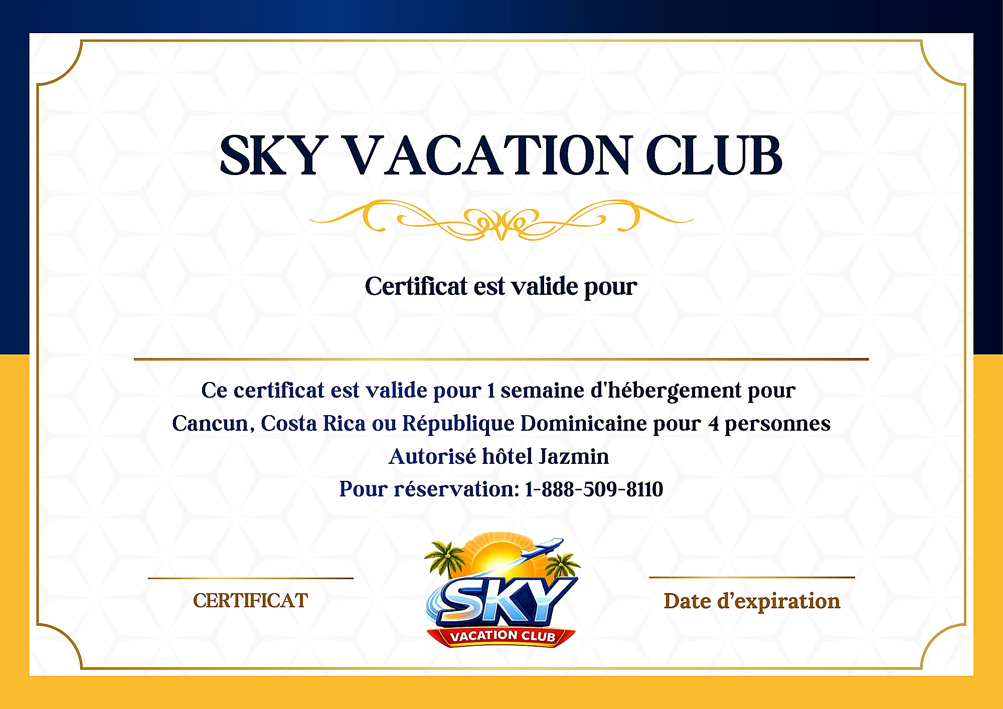 Certificat d’hébergement Sky Vacation Club
